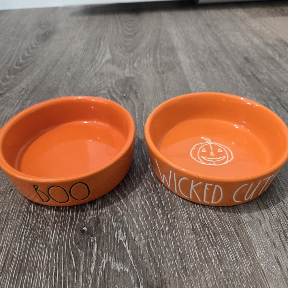 2 Rae Dunn Halloween Ceramic Cat Kitten Bowls Wicked Cute & Boo